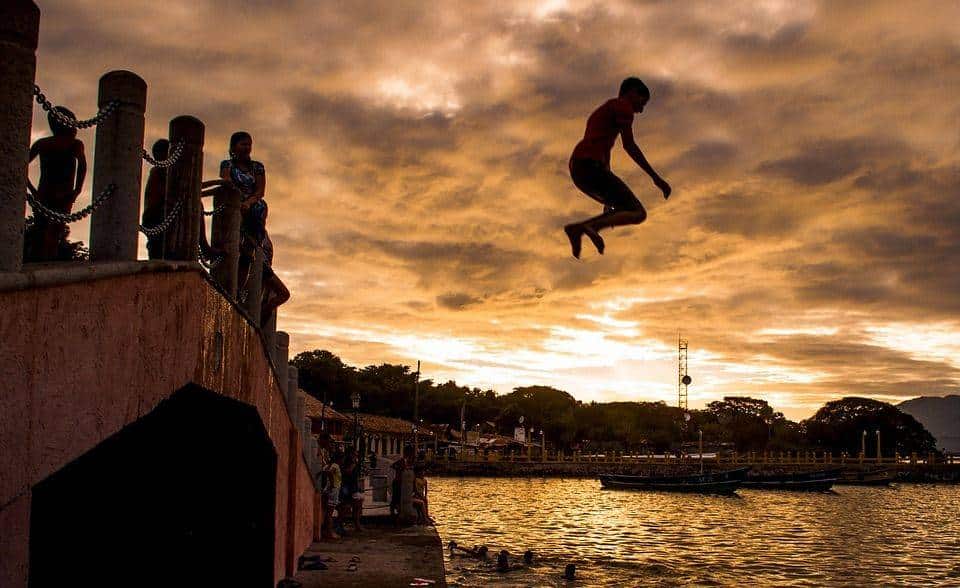 Paysage, Enfants, Pont, Saut, Coucher De Soleil